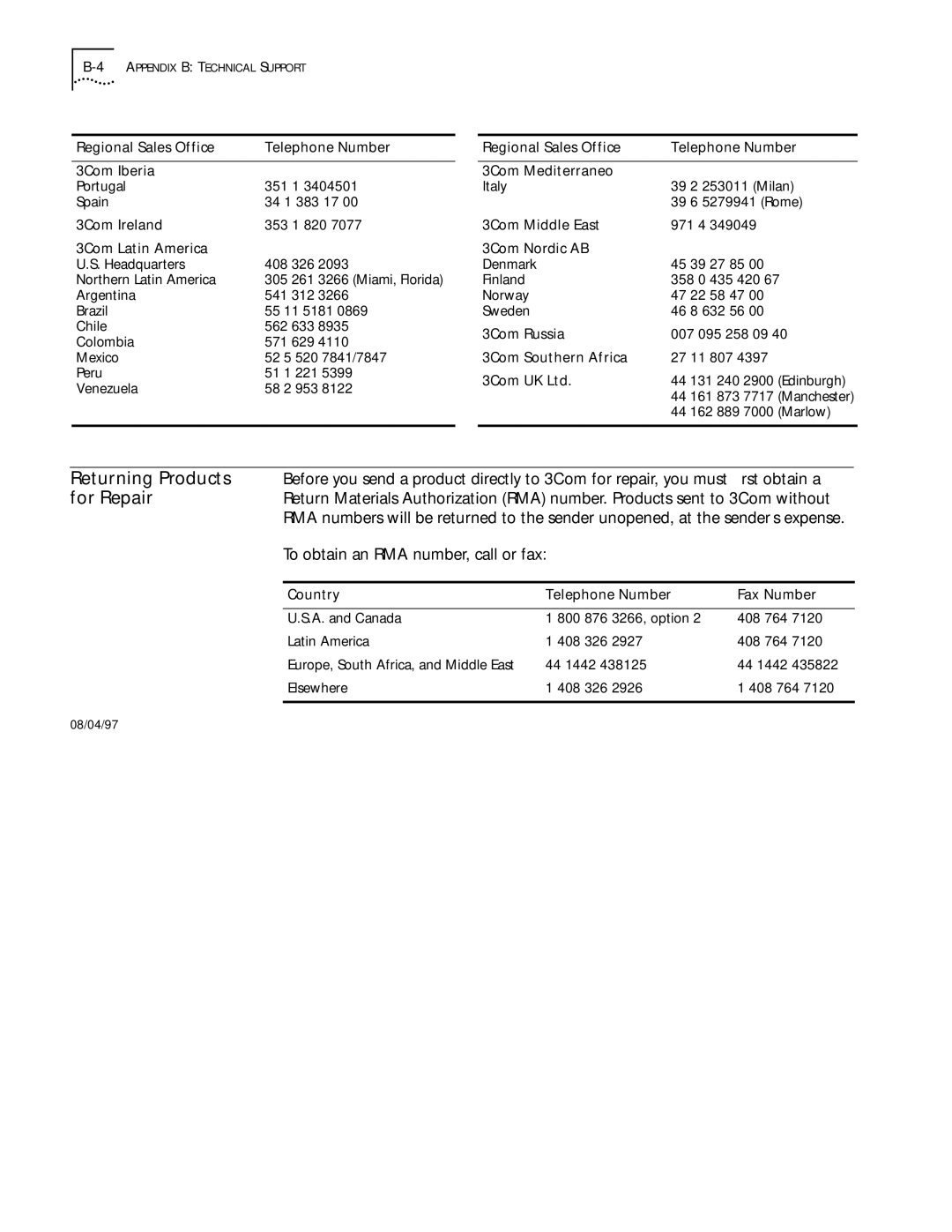 3Com 09-1324-000 Regional Sales Office Telephone Number 3Com Iberia, 3Com Ireland, 3Com Latin America, 3Com Middle East 