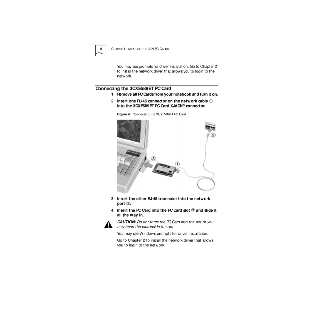 3Com 09-1457-000 manual Connecting the 3CXE589ET PC Card 