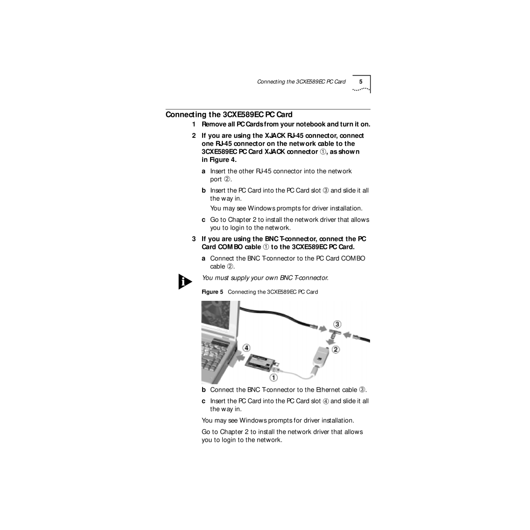 3Com 09-1457-000 manual Connecting the 3CXE589EC PC Card 