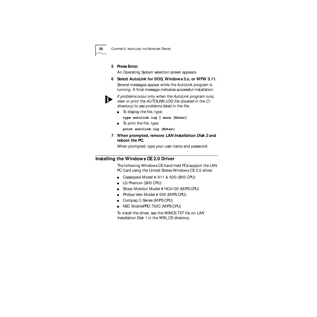 3Com 09-1457-000 manual Installing the Windows CE 2.0 Driver, Press Enter, Select AutoLink for DOS, Windows 3.x, or WFW 