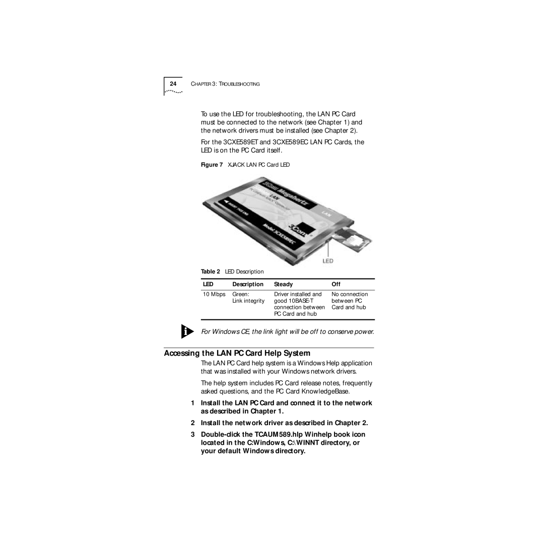 3Com 09-1457-000 manual Accessing the LAN PC Card Help System, Description Steady Off 