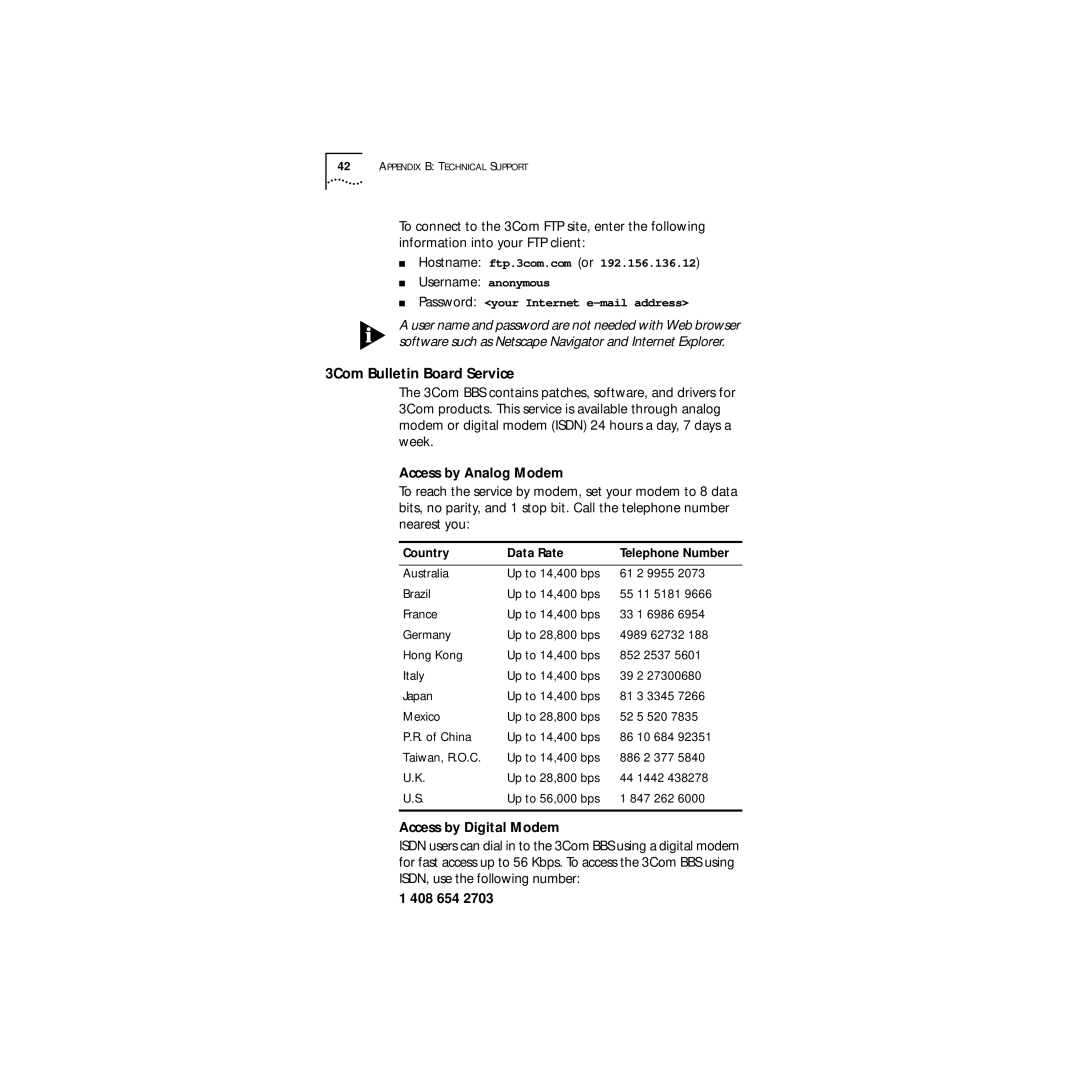 3Com 09-1457-000 manual 3Com Bulletin Board Service, Access by Analog Modem, Access by Digital Modem, 408 654 