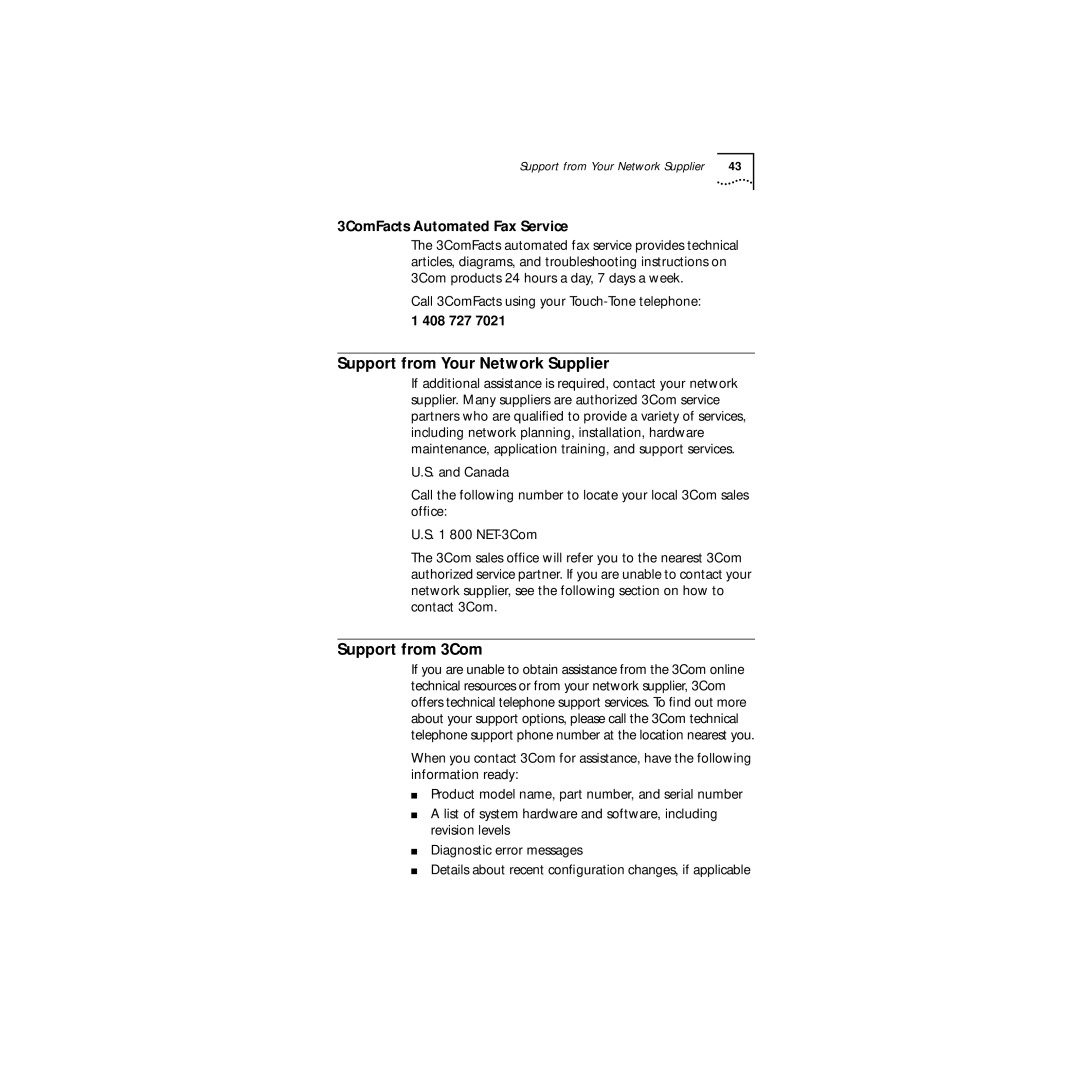 3Com 09-1457-000 manual Support from Your Network Supplier, Support from 3Com, 3ComFacts Automated Fax Service, 408 727 