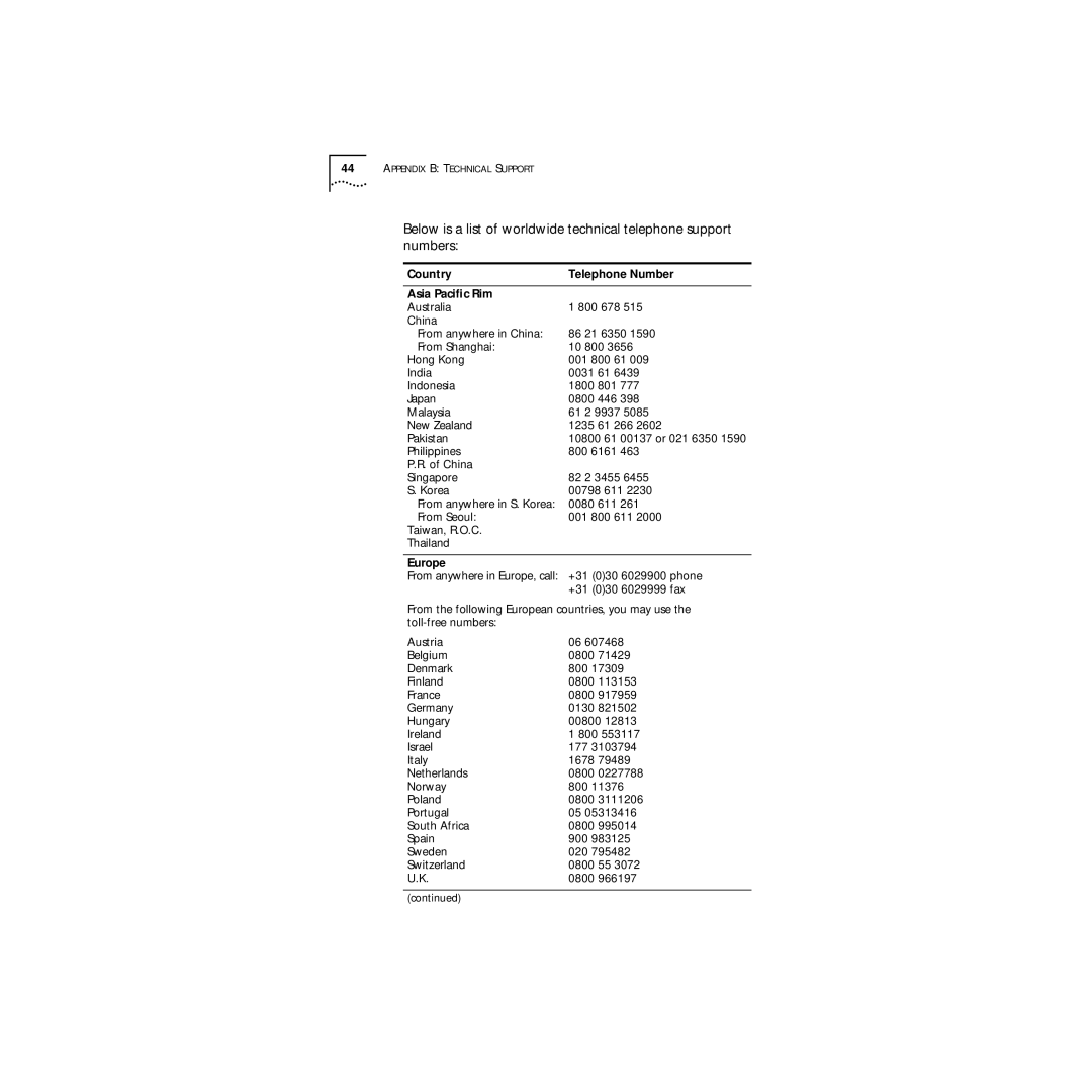 3Com 09-1457-000 manual Country Telephone Number Asia Paciﬁc Rim, Europe 