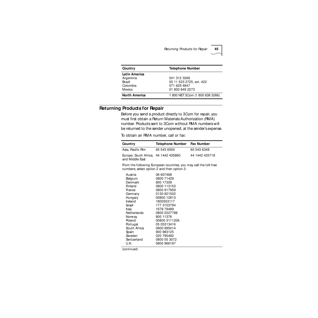 3Com 09-1457-000 manual Returning Products for Repair, Country Telephone Number Latin America, North America 