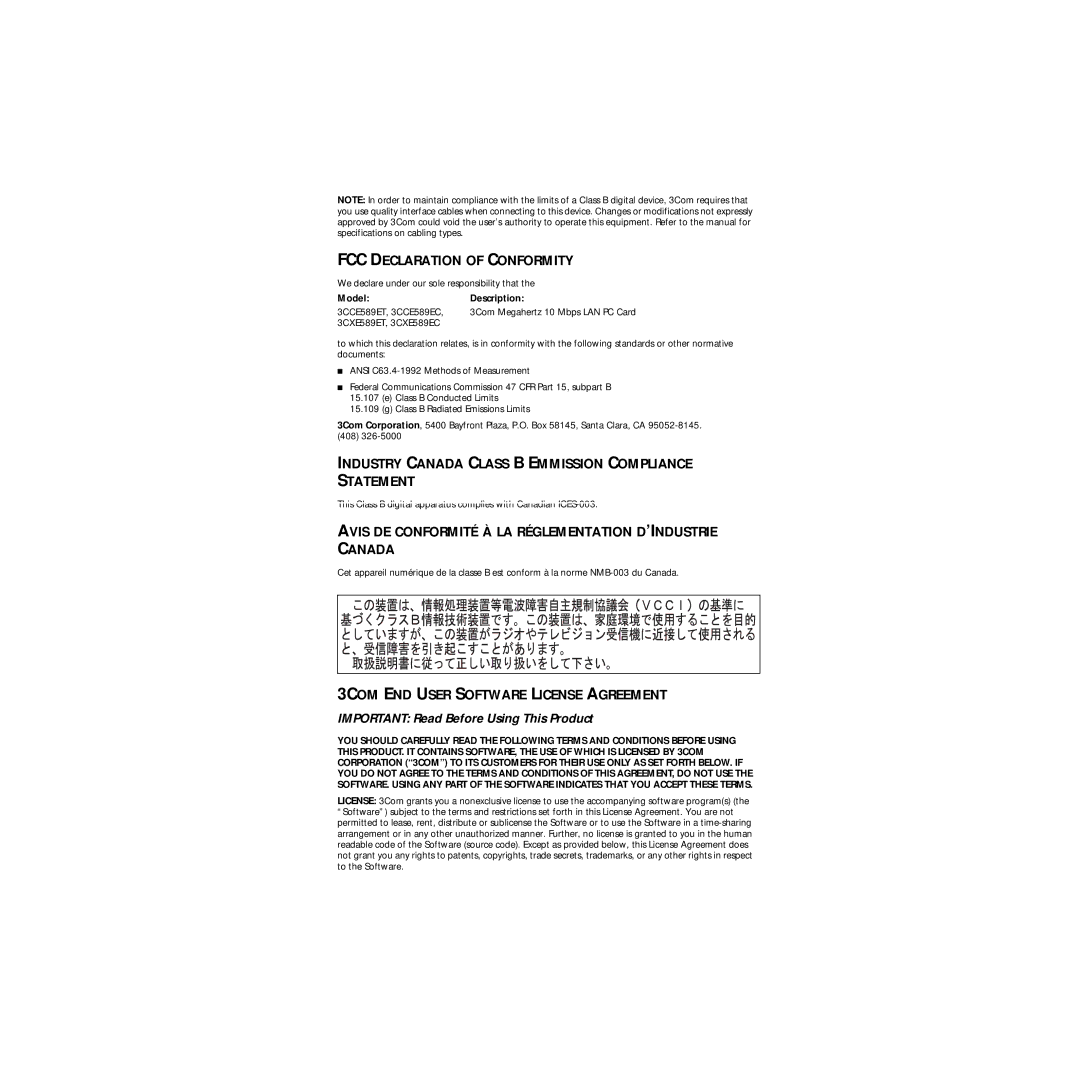 3Com 09-1457-000 manual Industry Canada Class B Emmission Compliance Statement 