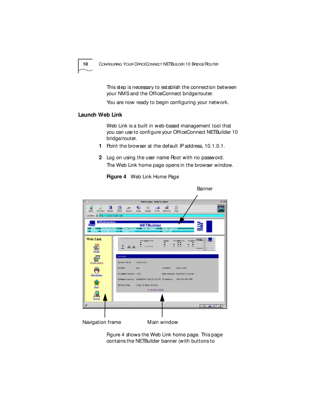 3Com 09-1632-000 manual Launch Web Link, Web Link Home Banner Navigation frame Main window 