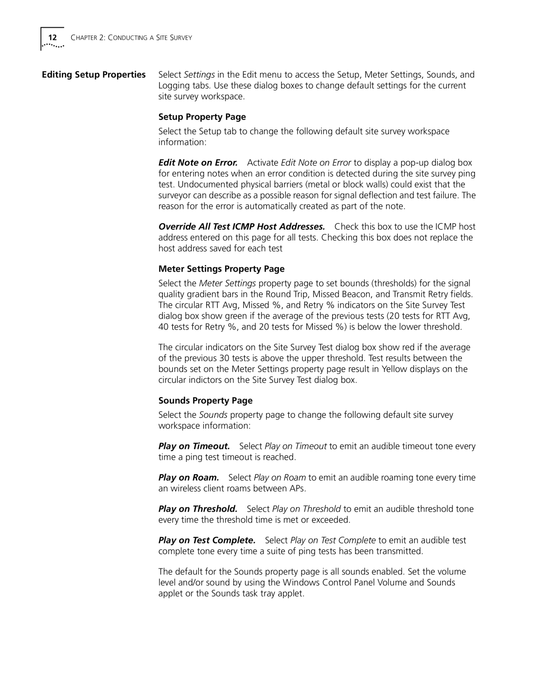 3Com 09-1765-001 manual Setup Property, Meter Settings Property, Sounds Property 