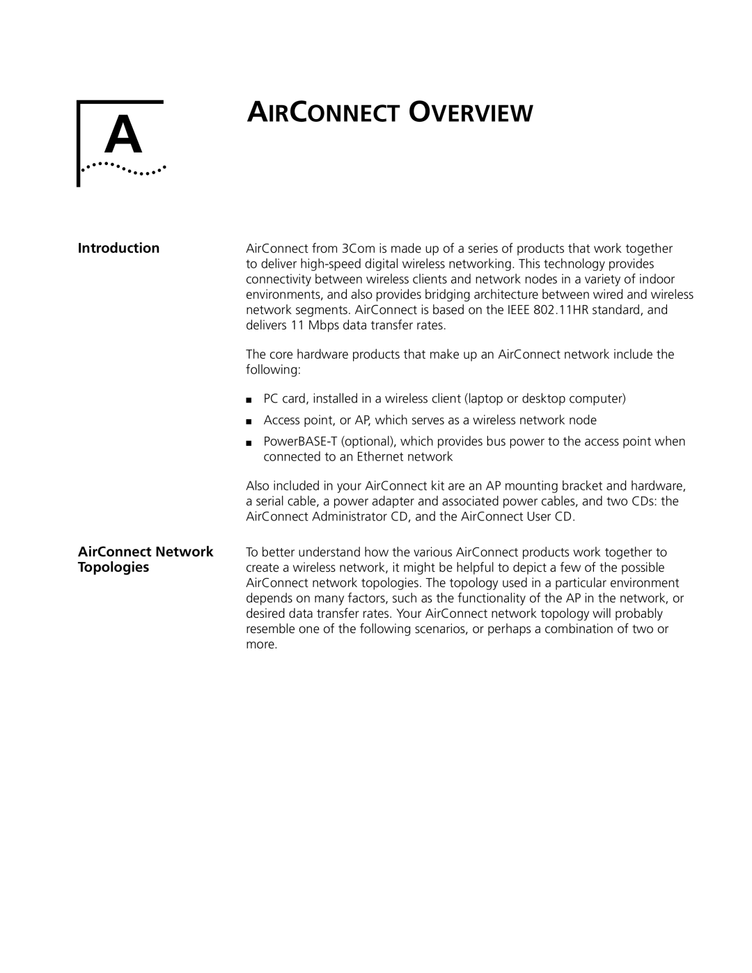 3Com 09-1765-001 manual AirConnect Network, Topologies 