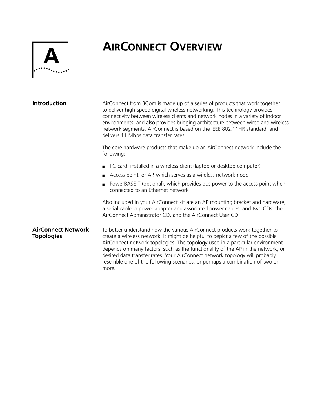 3Com 09-1765-001 manual Airconnect Overview, AirConnect Network, Topologies, Introduction 