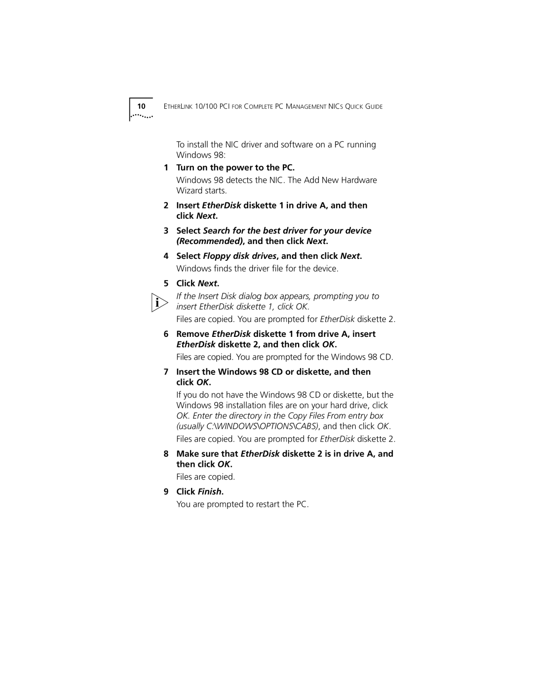 3Com 100 PCI manual Insert EtherDisk diskette 1 in drive A, and then click Next, Click Finish 