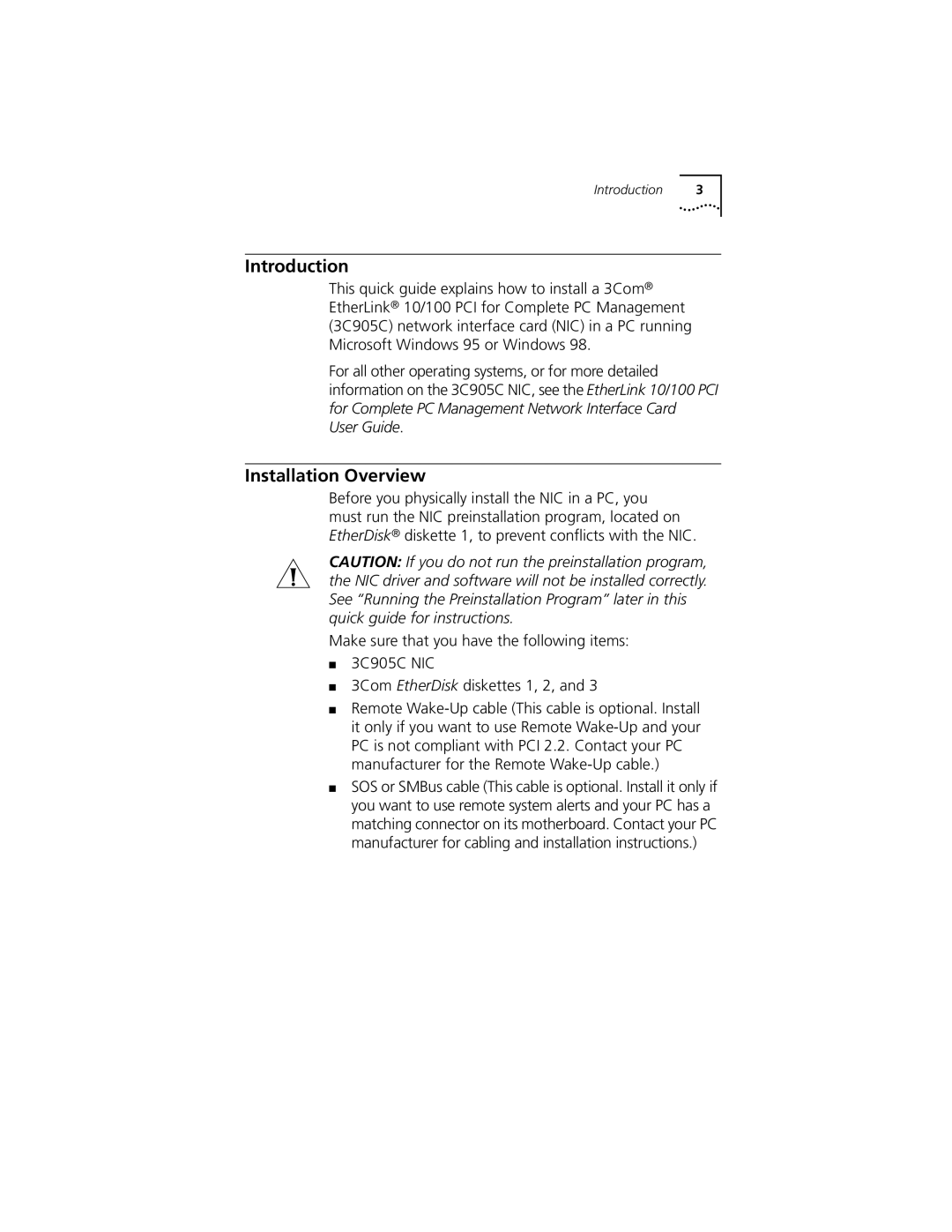 3Com 100 PCI manual Introduction, Installation Overview 