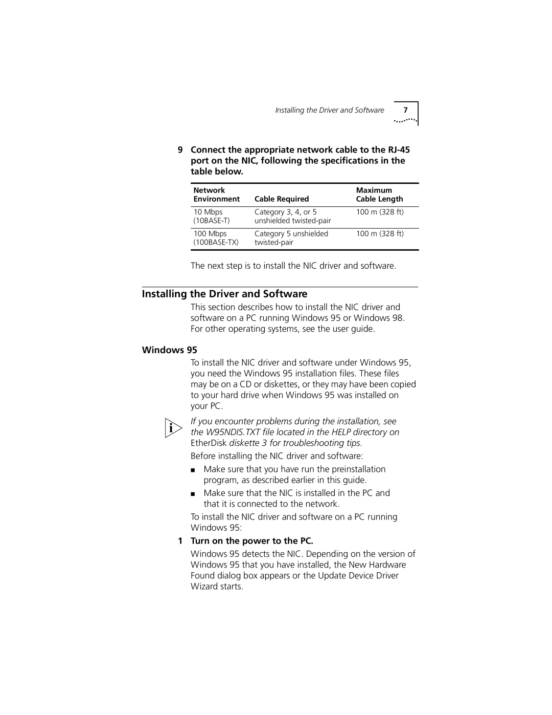 3Com 100 PCI manual Installing the Driver and Software, Turn on the power to the PC 