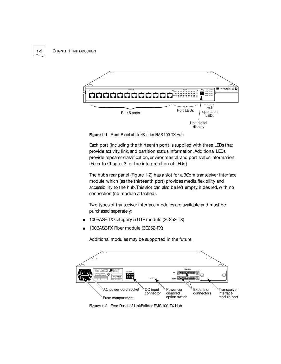 3Com 100 TX manual Front Panel of LinkBuilder FMS 100-TX Hub 