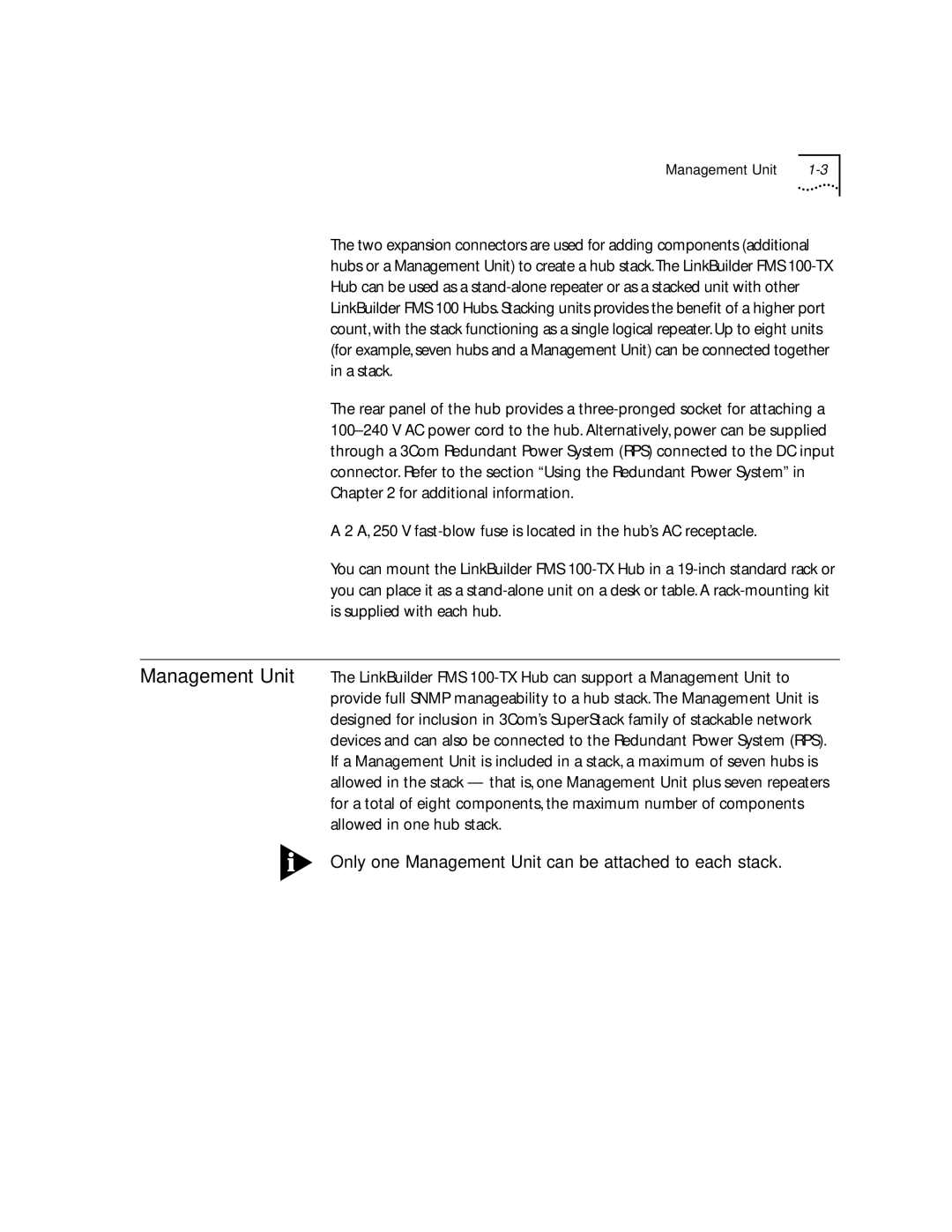 3Com 100 TX manual Only one Management Unit can be attached to each stack 