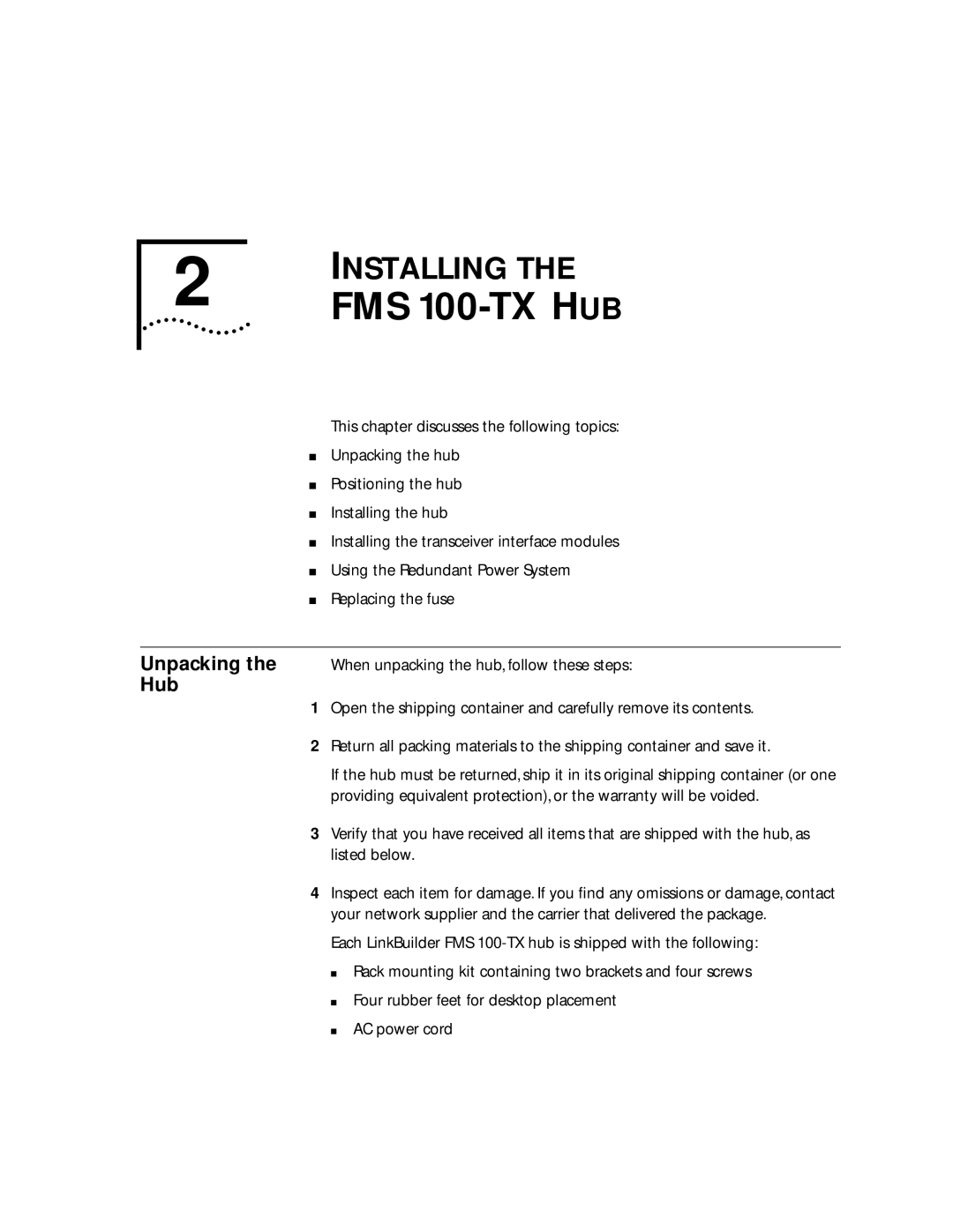 3Com 100 TX manual Installing, Unpacking, Hub 