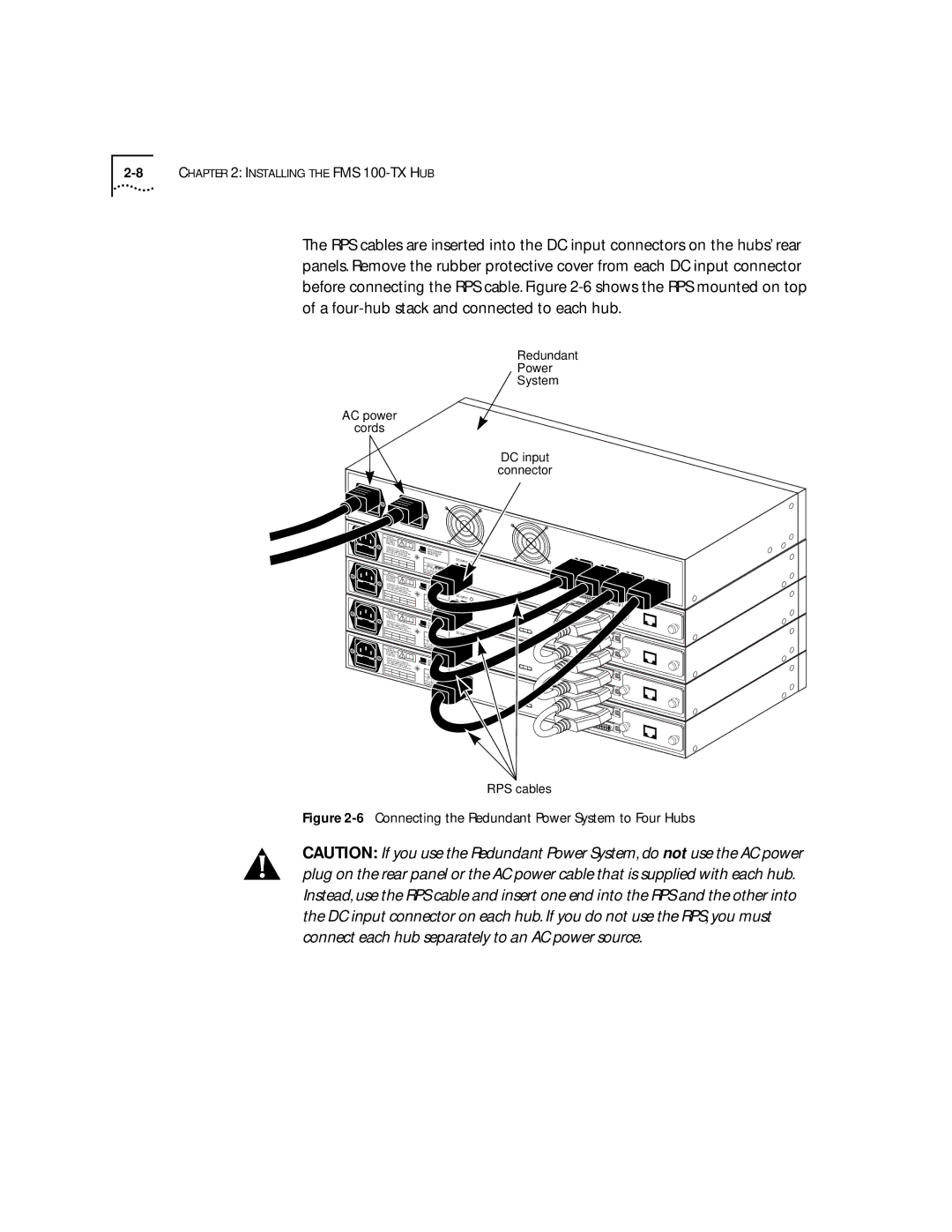 3Com 100 TX manual Connecting the Redundant Power System to Four Hubs 