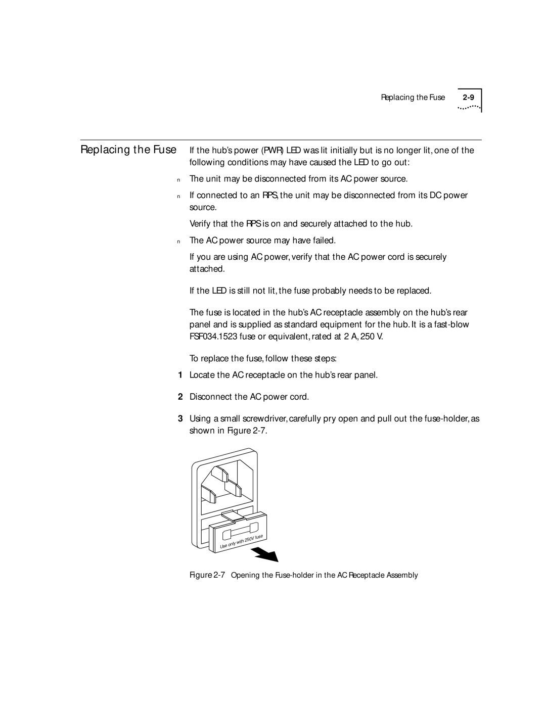 3Com 100 TX manual Opening the Fuse-holder in the AC Receptacle Assembly 