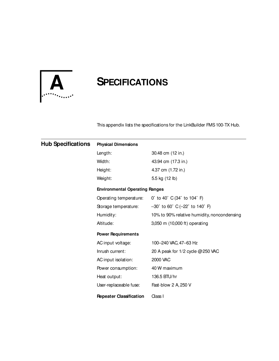 3Com 100 TX manual Specifications 