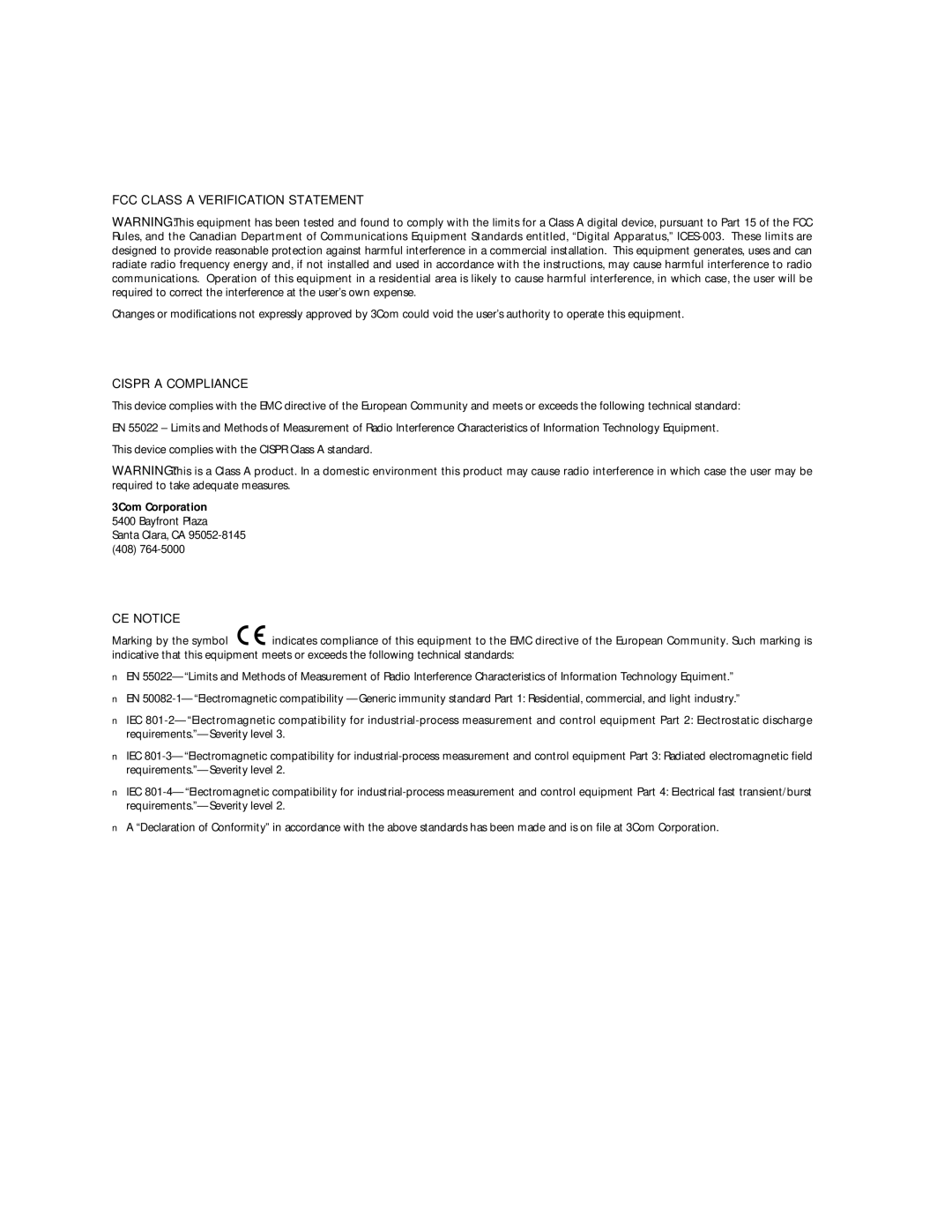 3Com 100 TX manual FCC Class a Verification Statement 