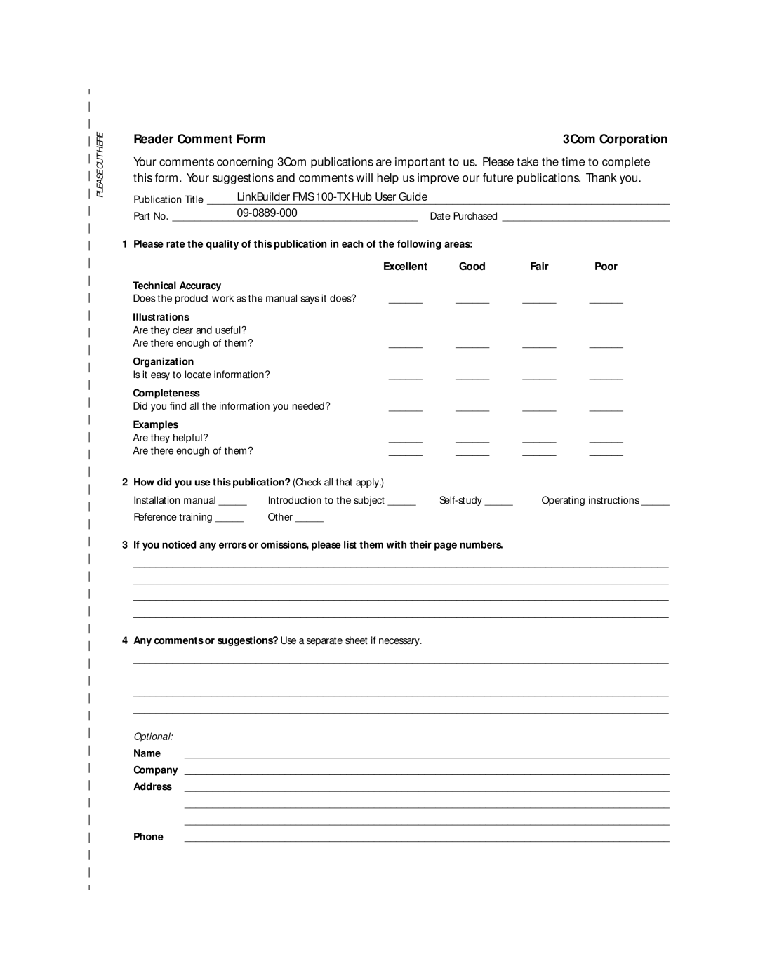 3Com 100 TX manual Reader Comment Form 