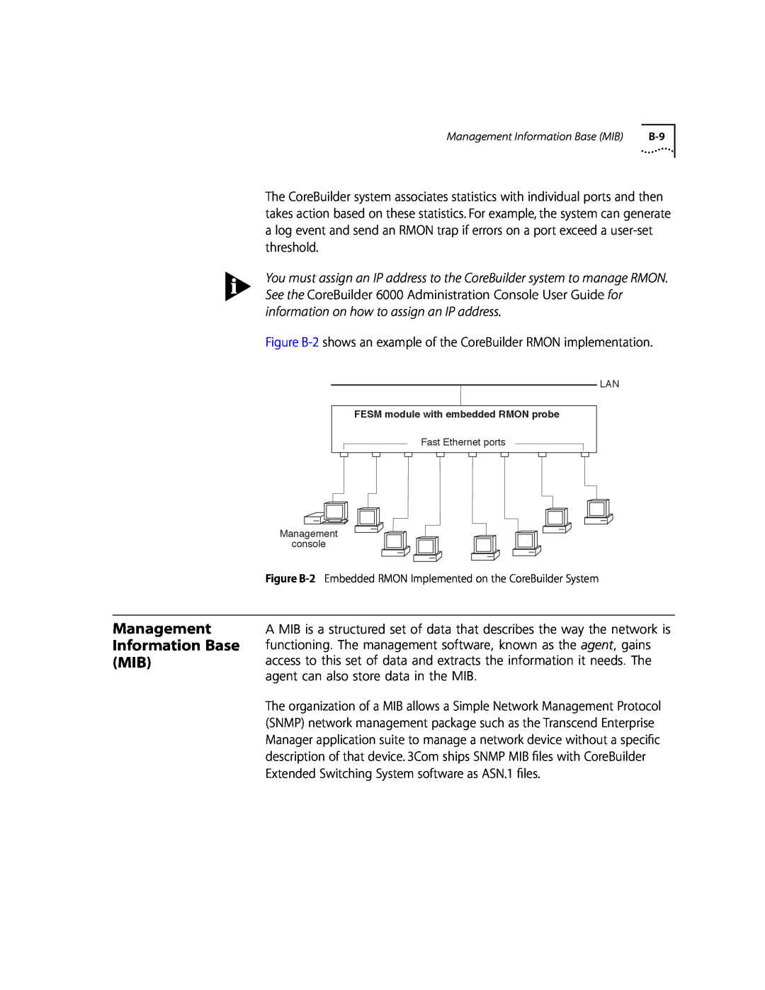 3Com 10002211 manual Management Information Base MIB, Figure B-2 shows an example of the CoreBuilder RMON implementation 