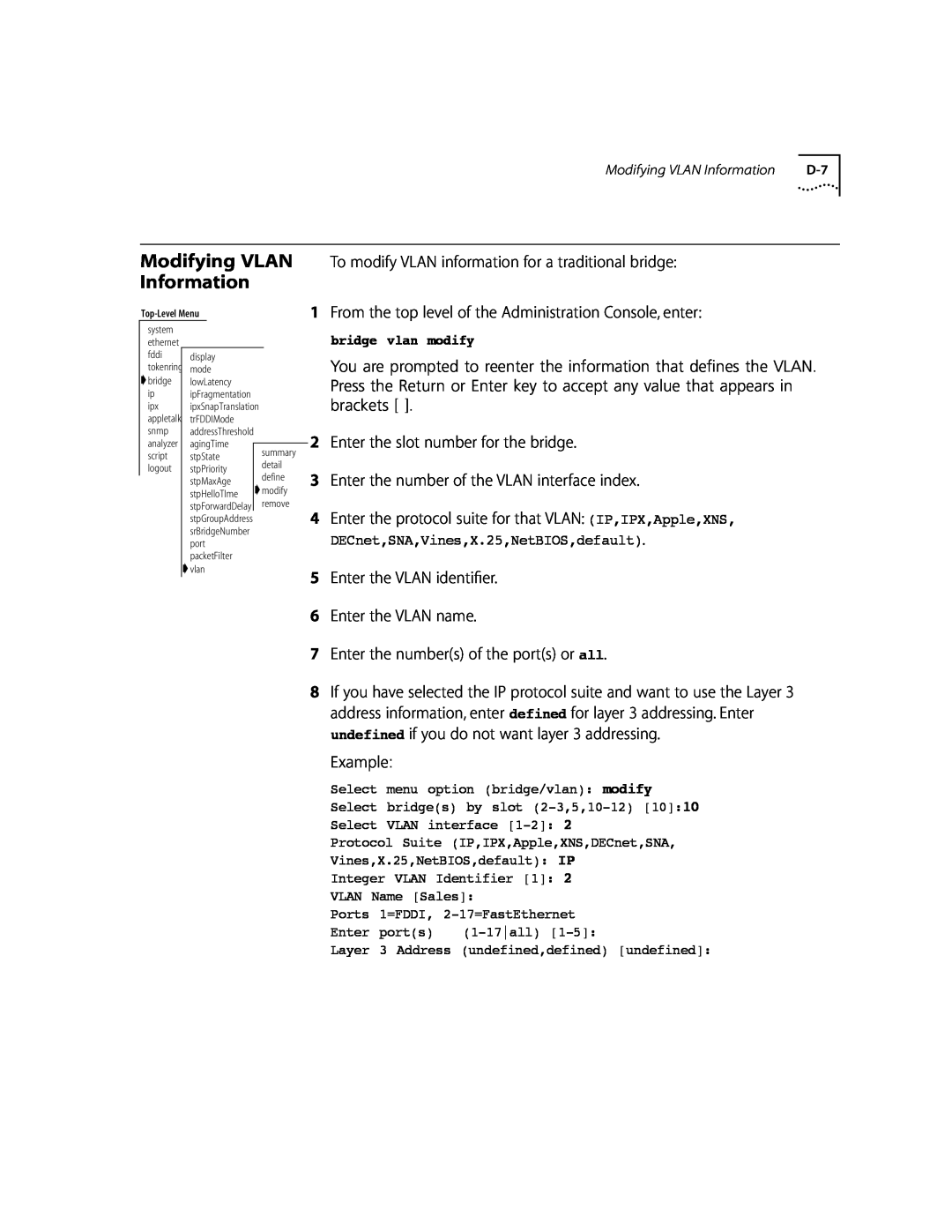 3Com 10002211 manual Example, Modifying VLAN Information, bridge vlan modify 