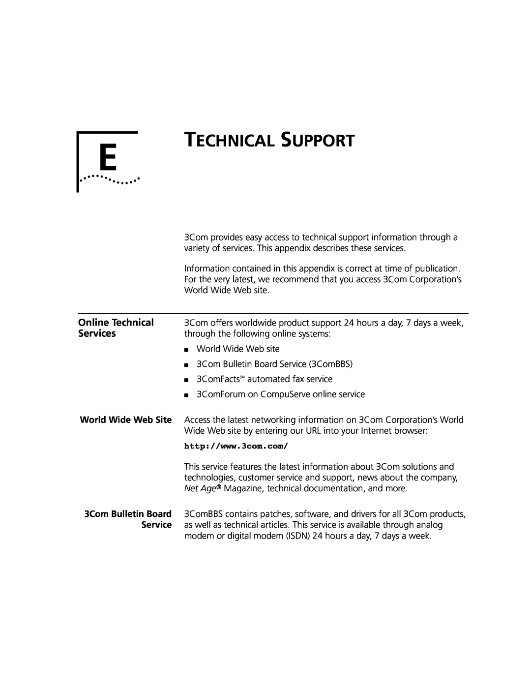 3Com 10002211 manual Online Technical, Services, Technical Support, 3Com Bulletin Board 