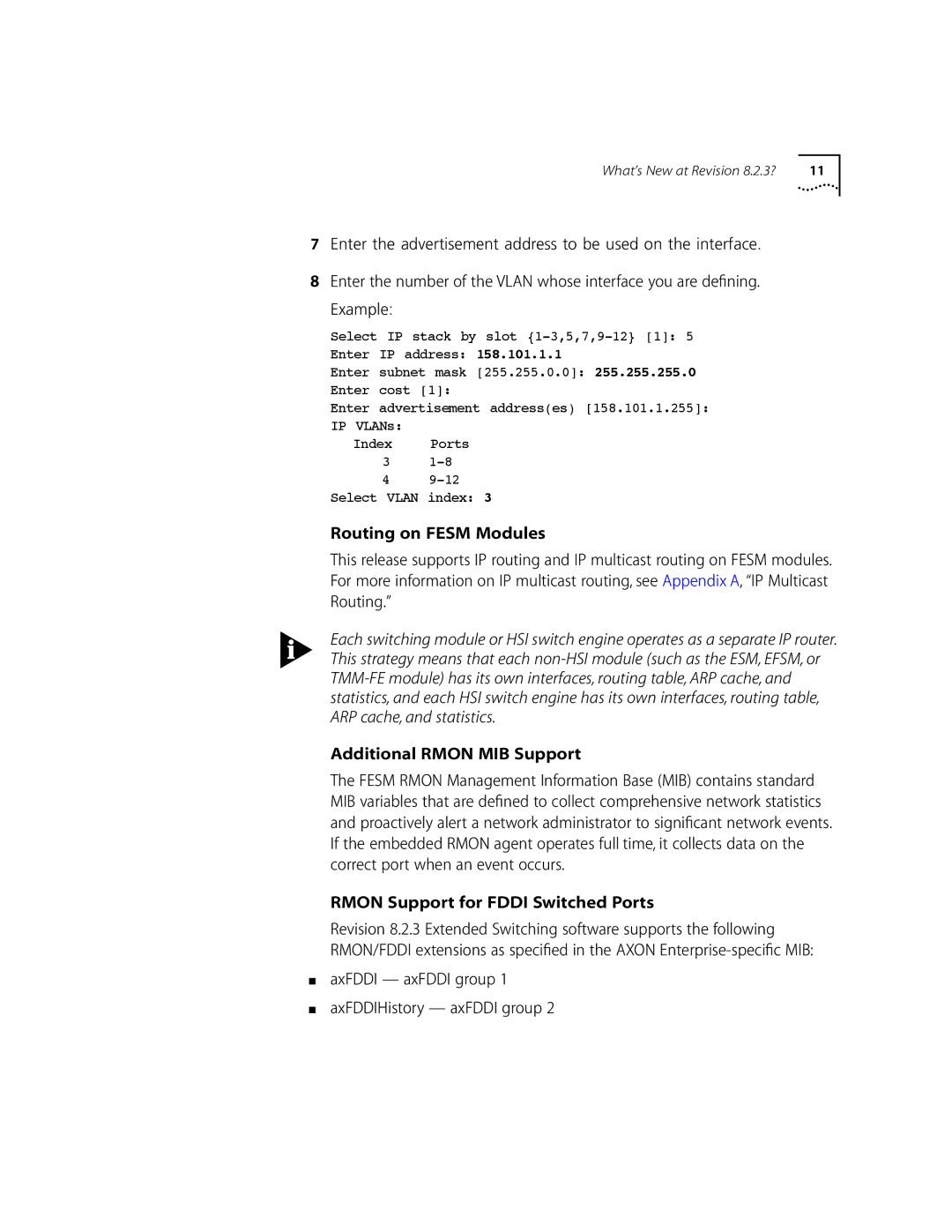 3Com 10002211 Enter the number of the Vlan whose interface you are deﬁning, AxFDDI axFDDI group AxFDDIHistory axFDDI group 