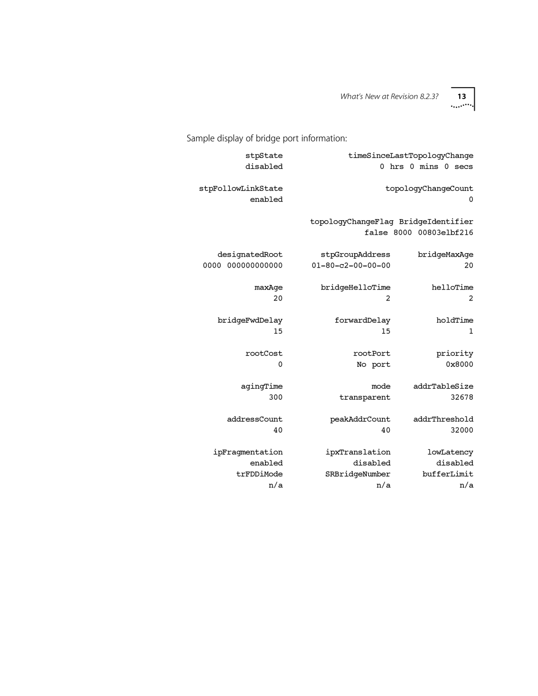 3Com 10002211 manual Sample display of bridge port information 