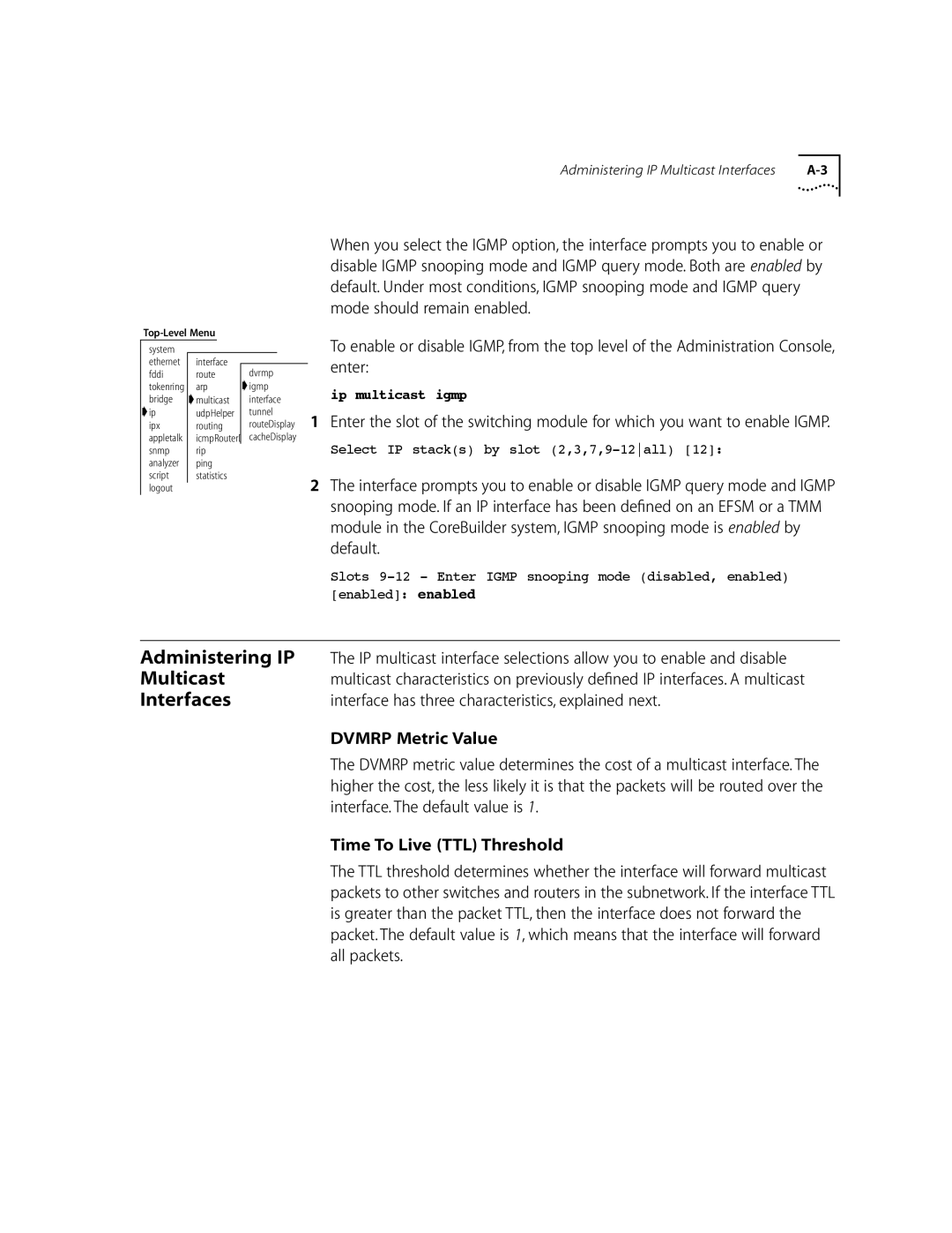 3Com 10002211 manual Administering IP, Multicast, Interfaces 