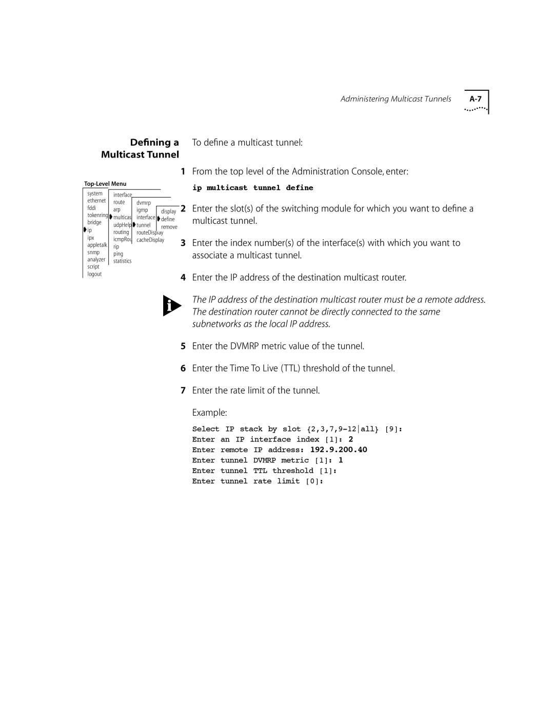 3Com 10002211 manual Associate a multicast tunnel, Enter the IP address of the destination multicast router 