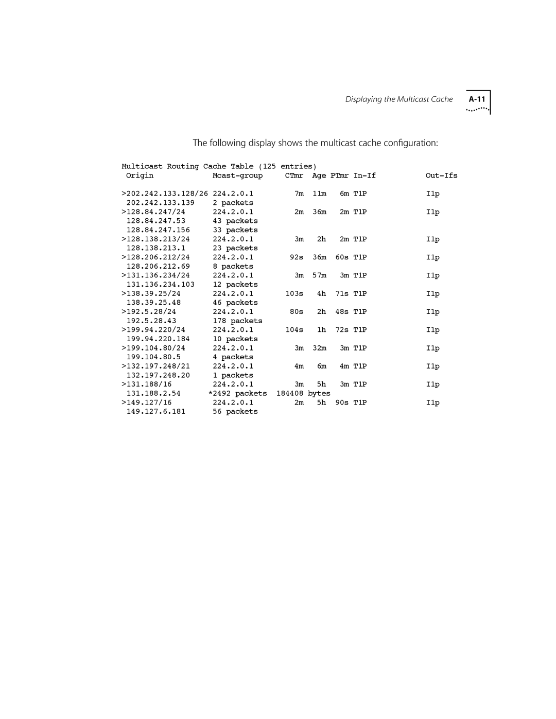 3Com 10002211 manual Following display shows the multicast cache conﬁguration 