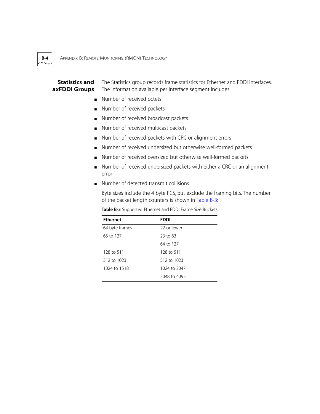 3Com 10002211 manual Table B-3 Supported Ethernet and Fddi Frame Size Buckets 