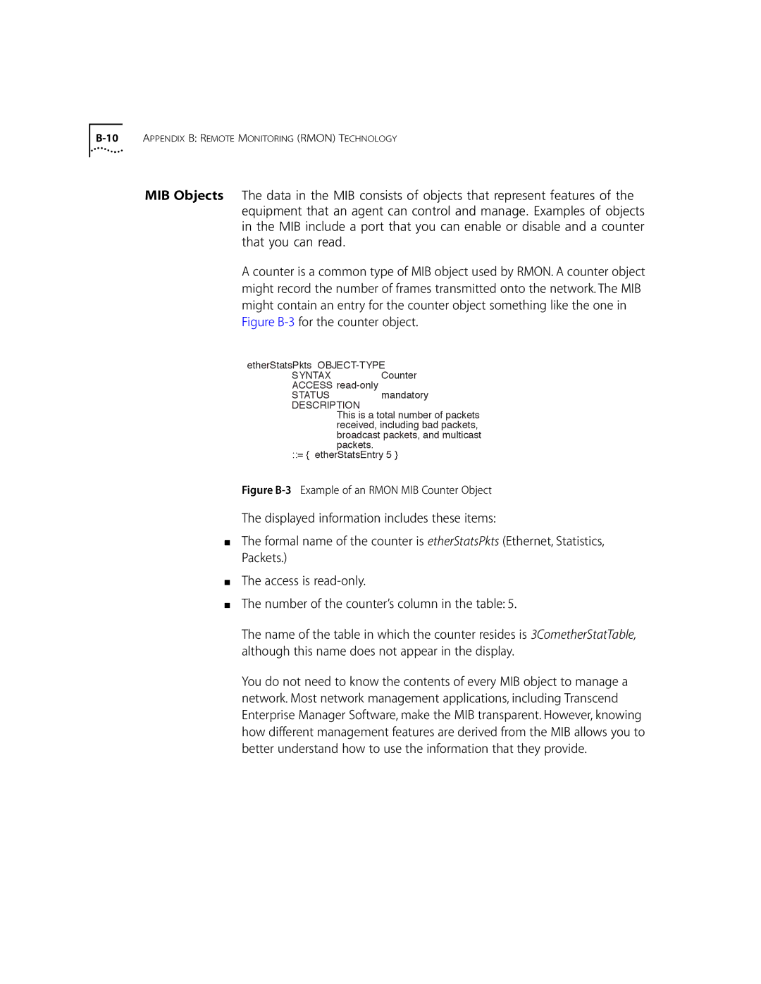 3Com 10002211 manual Figure B-3 Example of an Rmon MIB Counter Object 