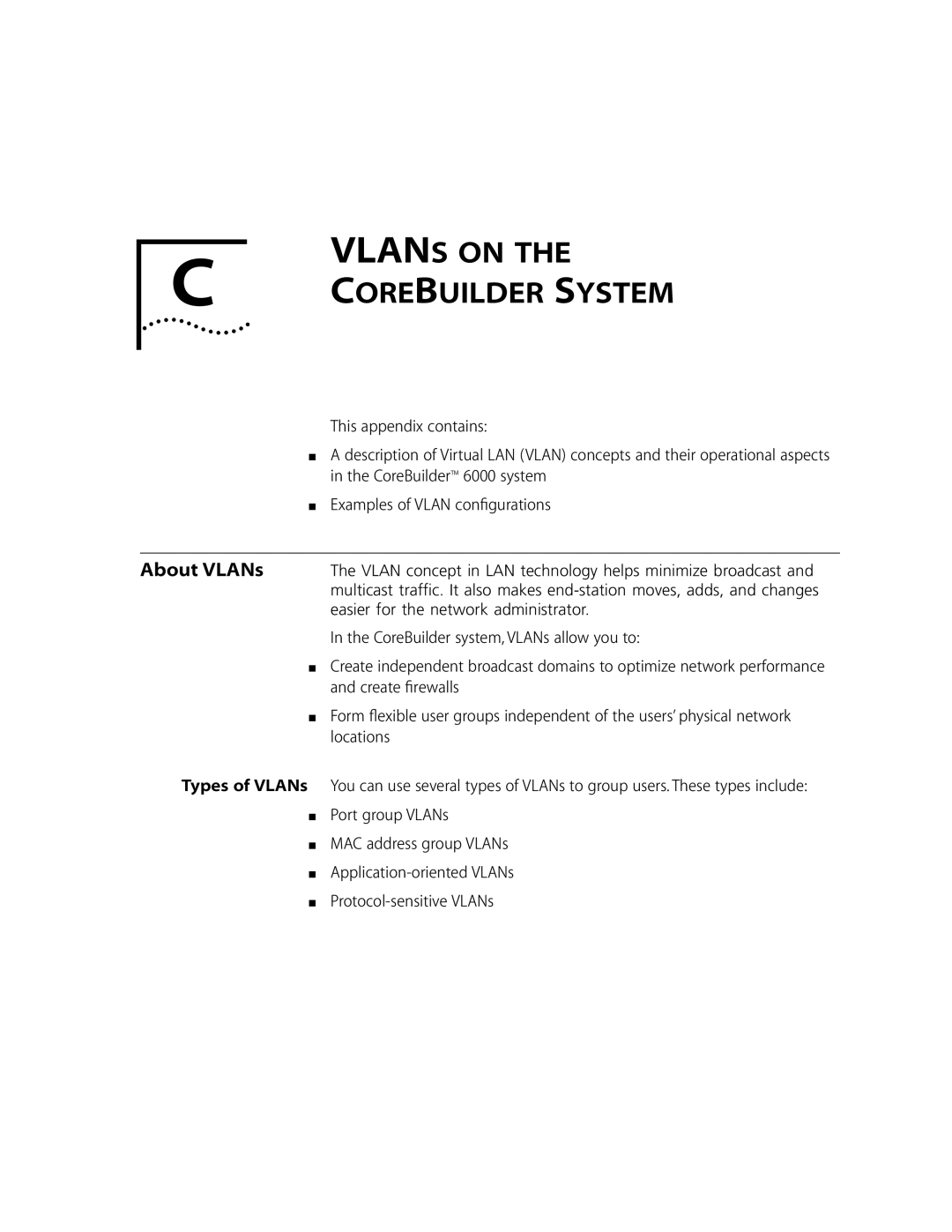 3Com 10002211 manual About VLANs, CoreBuilder system, VLANs allow you to, Create ﬁrewalls, Locations 