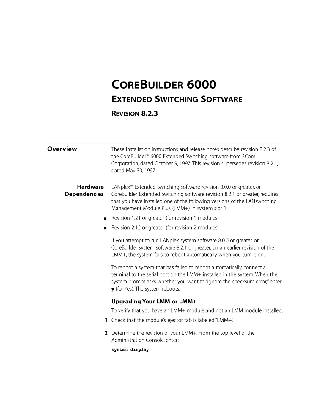 3Com 10002211 manual Overview, CoreBuilder 6000 Extended Switching software from 3Com, Dated May 30 