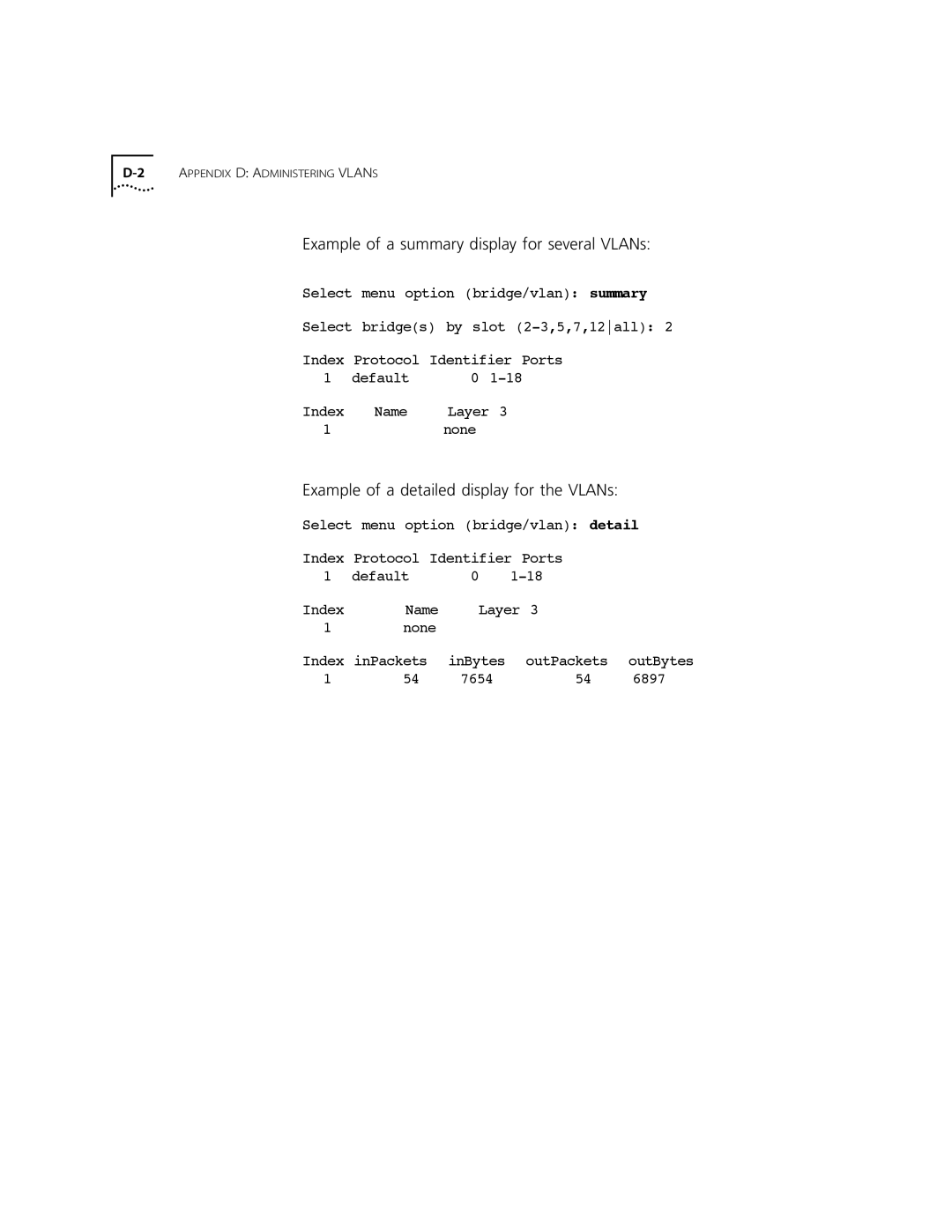 3Com 10002211 manual Example of a summary display for several VLANs 