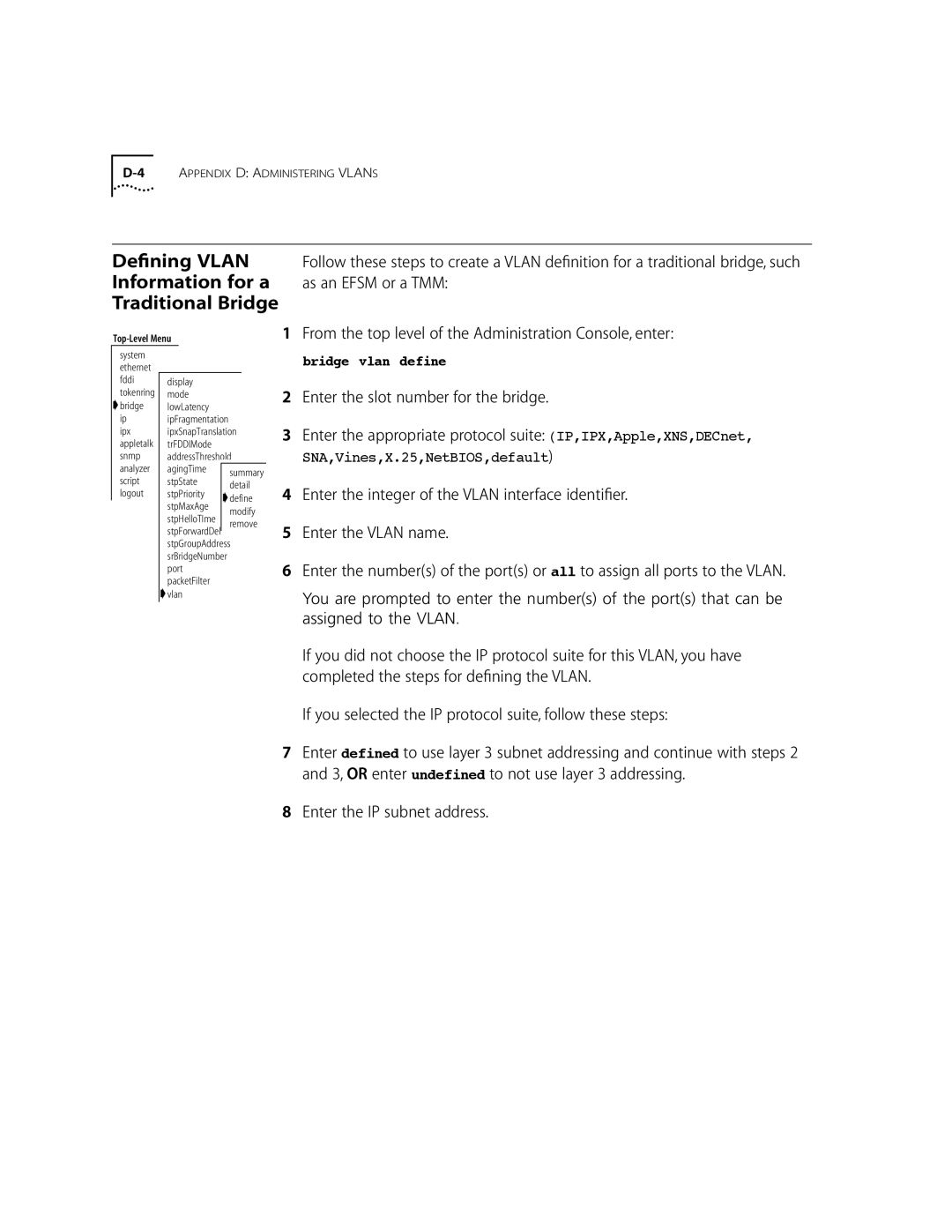 3Com 10002211 manual Deﬁning Vlan, Information for a, Traditional Bridge, As an Efsm or a TMM, Enter the IP subnet address 