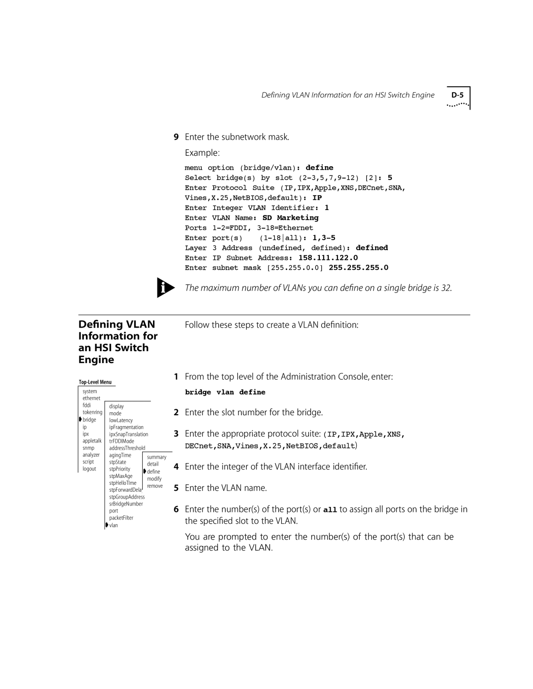 3Com 10002211 manual Information for An HSI Switch Engine, Enter the subnetwork mask 