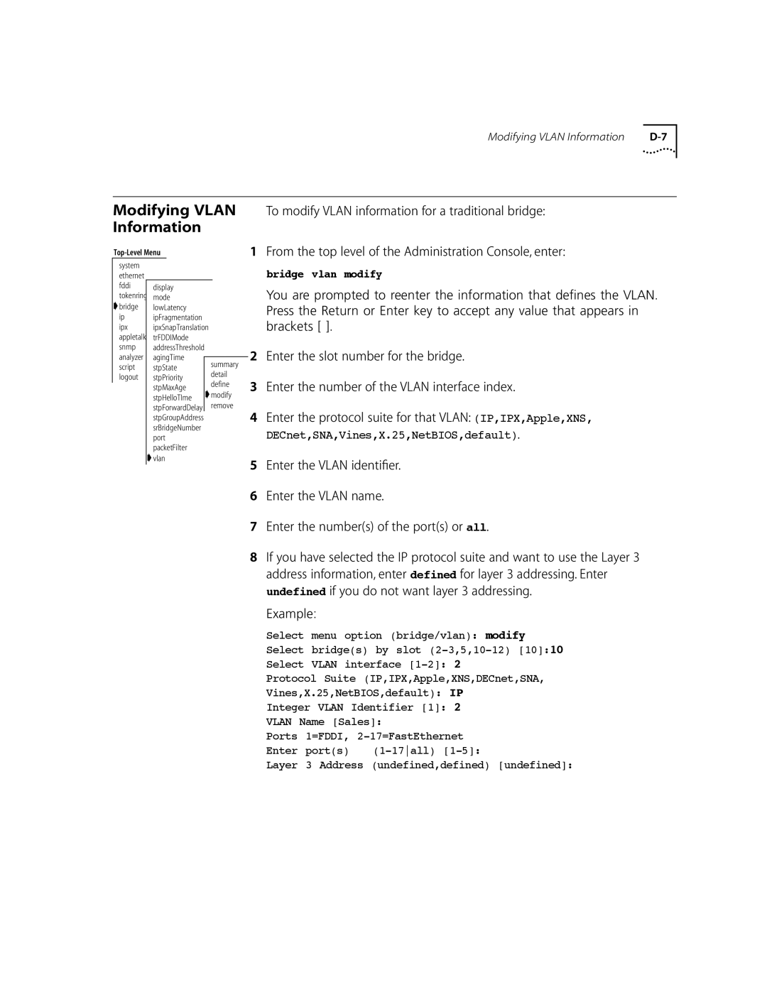 3Com 10002211 manual Bridge vlan modify 