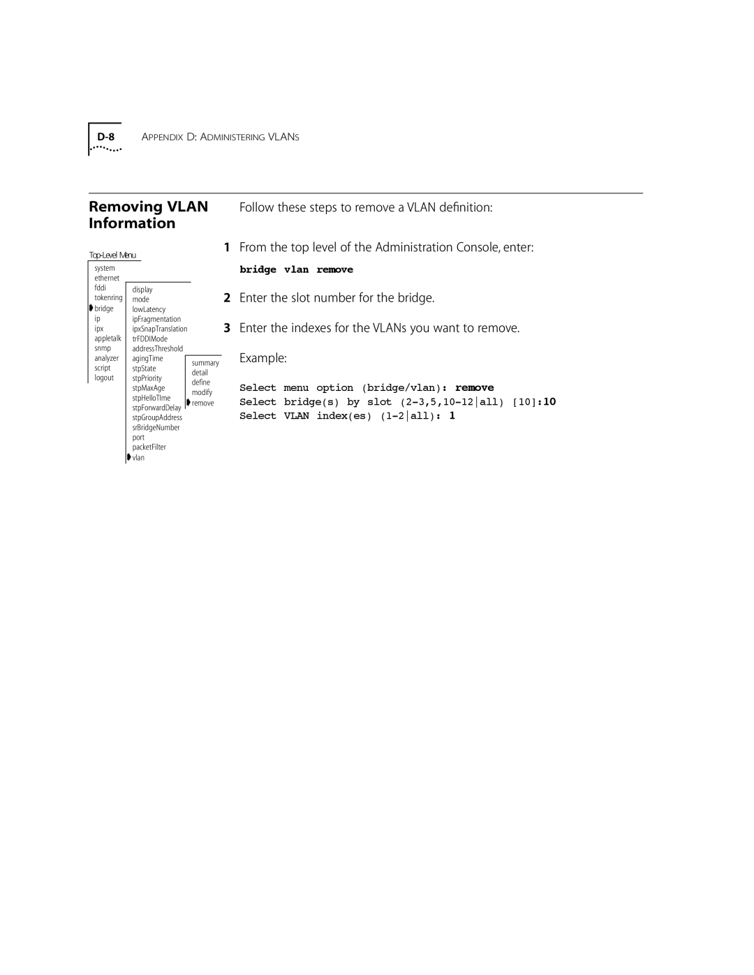 3Com 10002211 manual Bridge vlan remove 