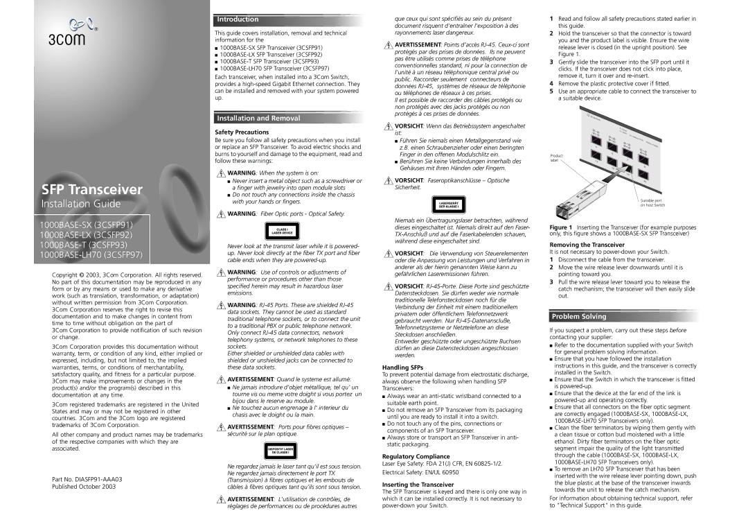 3Com 1000BASE-SX (3CSFP91), 1000BASE-LH70 (3CSFP97) warranty Introduction, Installation and Removal, Problem Solving 