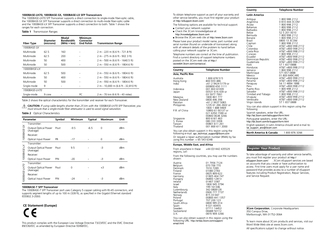 3Com 1000BASE-LX (3CSFP92), 1000BASE-LH70 (3CSFP97) Technical Specifications, Technical Support, Register Your Product 
