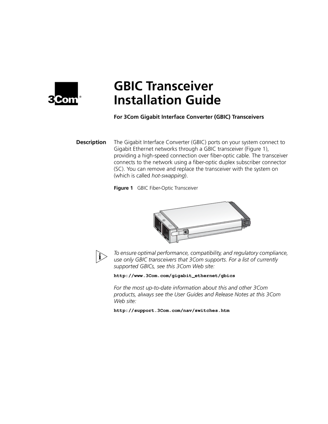 3Com 1000BASE-SX manual Gbic Transceiver Installation Guide, For 3Com Gigabit Interface Converter Gbic Transceivers 