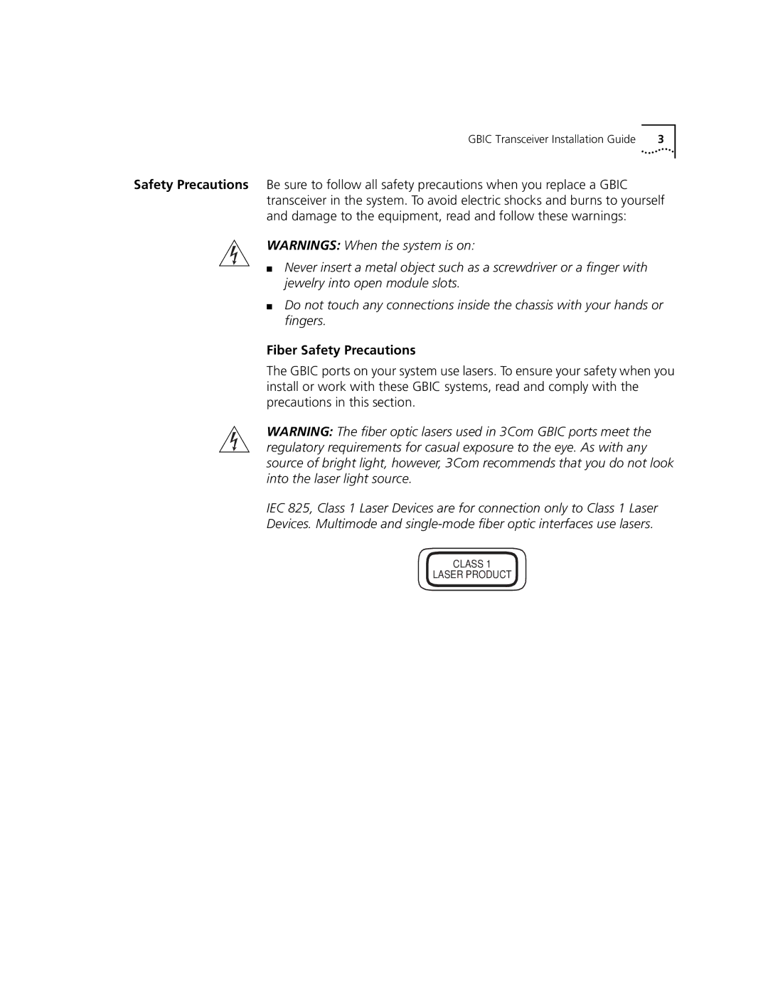 3Com 1000BASE-SX manual Fiber Safety Precautions 