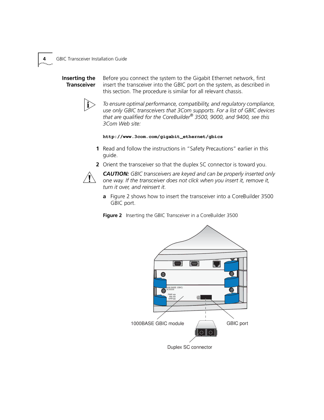 3Com 1000BASE-SX manual Inserting the Gbic Transceiver in a CoreBuilder 