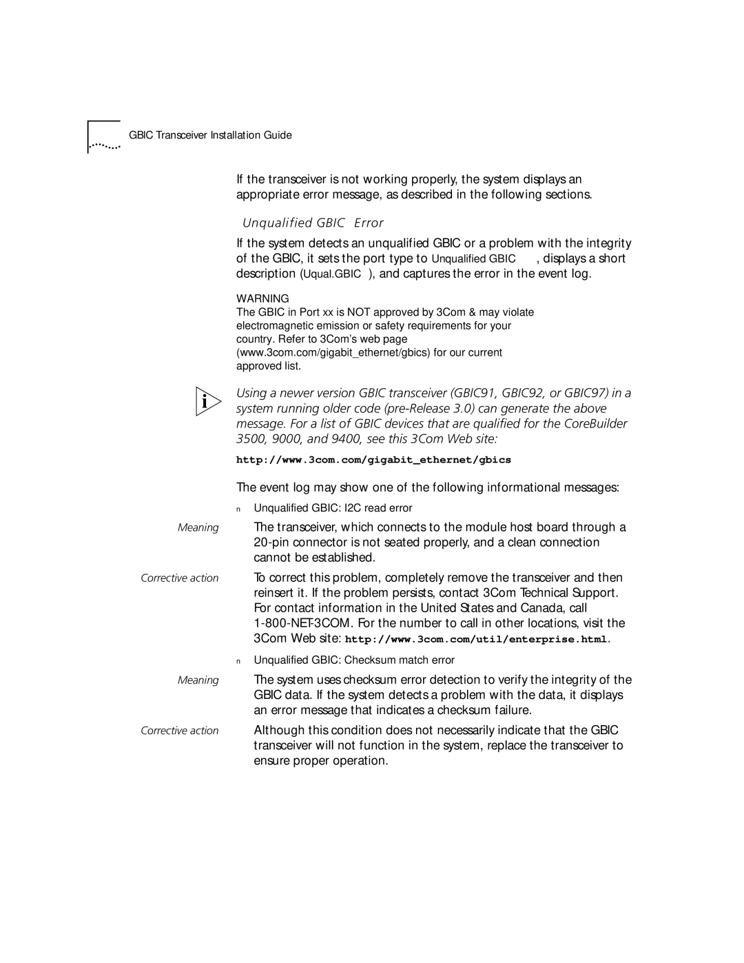 3Com 1000BASE-SX manual Unqualified Gbic Error 