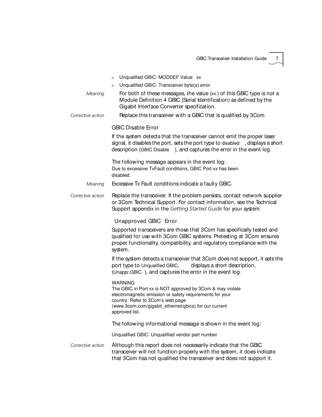 3Com 1000BASE-SX manual Gbic Disable Error, Unapproved Gbic Error 