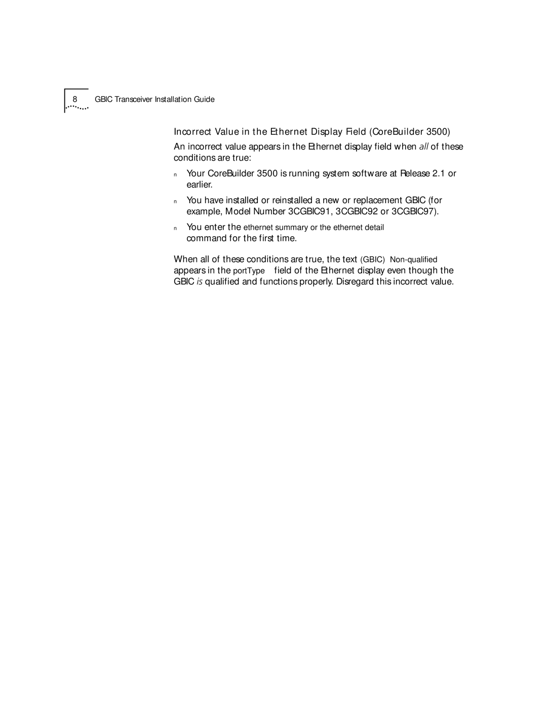 3Com 1000BASE-SX manual Incorrect Value in the Ethernet Display Field CoreBuilder 